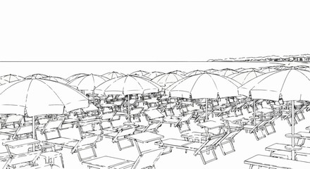Obraz premium Numerous umbrellas and lounge chairs arranged on a bright, empty beach
