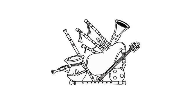 A black and white drawing of various wind instruments and a stringed instrument