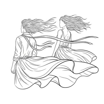 Women stand together with long flowing hair while wearing elegant dresses in a symbolic artistic illustration.