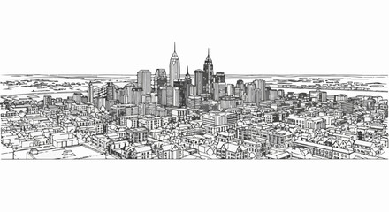 Fototapeta premium Panoramic sketch of a sprawling urban cityscape with diverse architecture