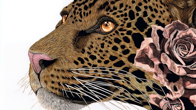 Golden Leopard Gaze: Floral Rosette Wildlife Art
