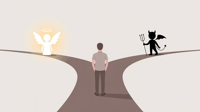 Man at crossroads choosing between angel and devil. Moral dilemma, decision making and inner conflict concept, good vs evil choice on minimal background.