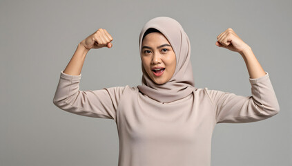 Naklejka premium Strong Muslim Woman Flexing Biceps: A confident Muslim woman wearing a hijab strikes a powerful pose, flexing her biceps to showcase her strength and determination.