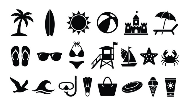 Collection of black and white beach vacation icons isolated on transparent background