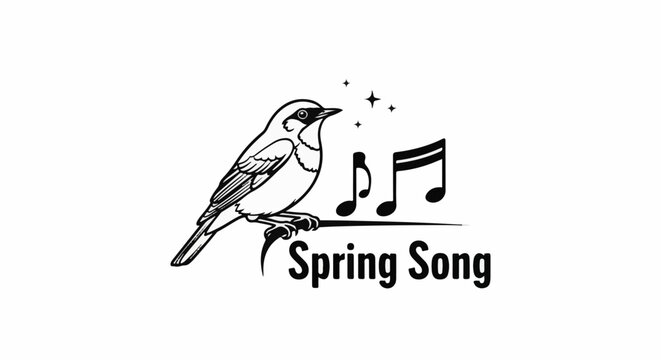 A bird on a branch sings with musical notes and stars