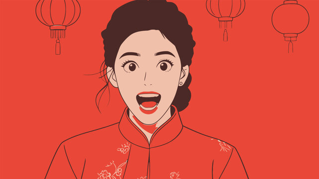 Surprised Chinese woman in traditional festive attire with red lanterns