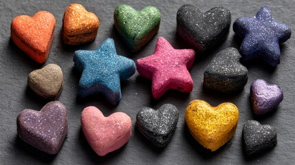 Fototapeta premium Colorful Glitter Shapes: Heart and Star Decorative Crafts