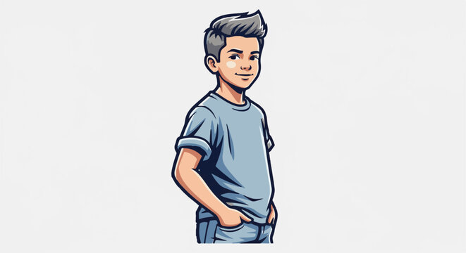 A boy with styled grey hair and blue shirt stands with hands in pockets