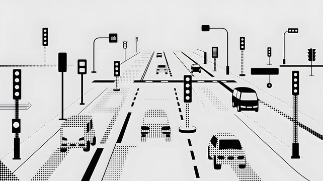Modern urban road intersection with traffic lights and multiple vehicles in motion