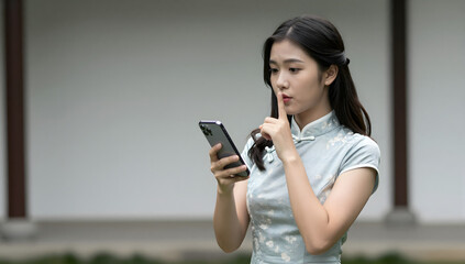 Naklejka premium Secret Message: A young woman in traditional attire holds a smartphone, her finger to her lips, conveying a sense of mystery and a private communication.