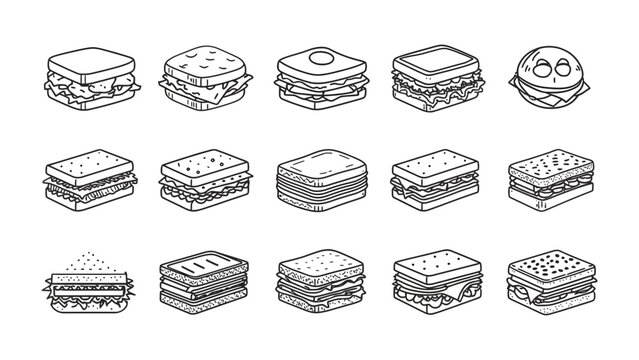 Assortment of Sandwich Icons: A collection of isometric line art icons showcasing various sandwiches, from simple to complex, offering a diverse visual representation of this popular food item.