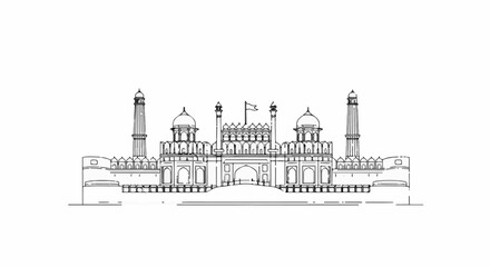 Obraz premium Ornate historical fortress with towers, domes, and arches, drawn in black and white