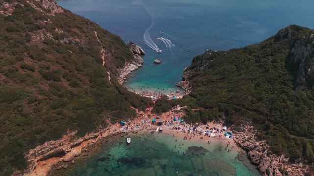 Bird's Eye Drone Shot of Porto Timoni Double Beach and Turquoise Bays in Corfu Greece