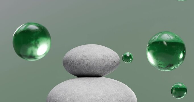 "3d minimalistic modern composition of stones made in light mint and cool shades of gray.
Green glass spheres float dynamically in space, which creates a feeling of weightlessness and freshness, purit