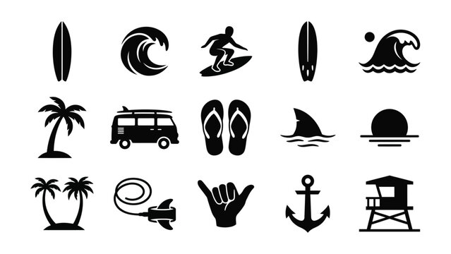 Black and white icons representing various surfing and beach lifestyle elements isolated on transparent background