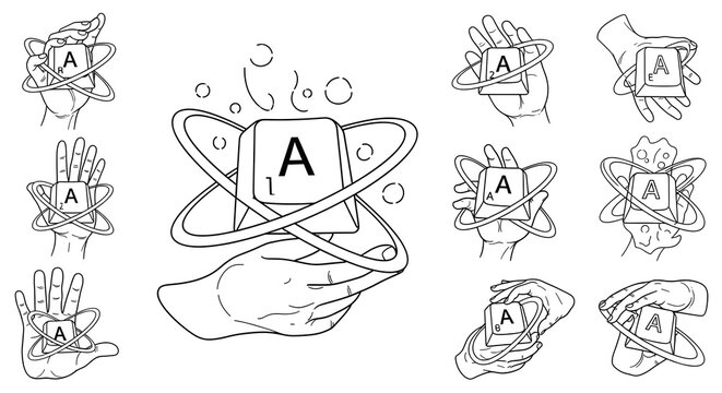 Hands hold floating letter A cubes surrounded by orbital rings in a collection of various gestures.
