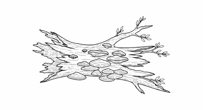 Black and white sketch of a decaying log with shelf fungi