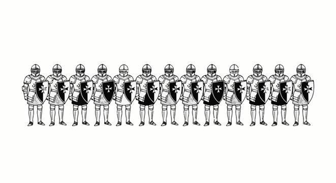 Row of identically armored knights holding shields with crosses