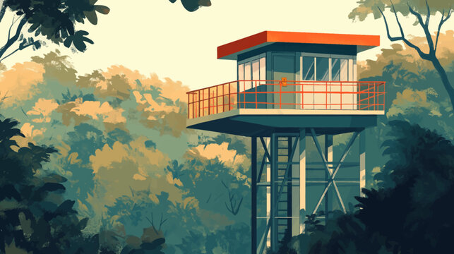 A stylized illustration depicting a watchtower elevated above a lush, painterly forest