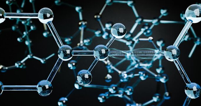 3d minimalistic molecular structure, transparent spheres connected by thin crystalline bonds. Deep black background, laboratory aesthetics. A sharp electrical pulse of vibration passes through these c