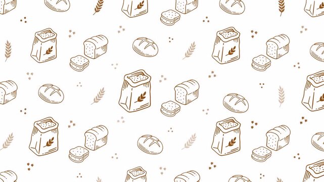 Bread and bakery items doodle seamless pattern background animation set for cafes. Motif pattern of bread loaves, sliced bread, flour bags, wheat doodle illustration for pastry