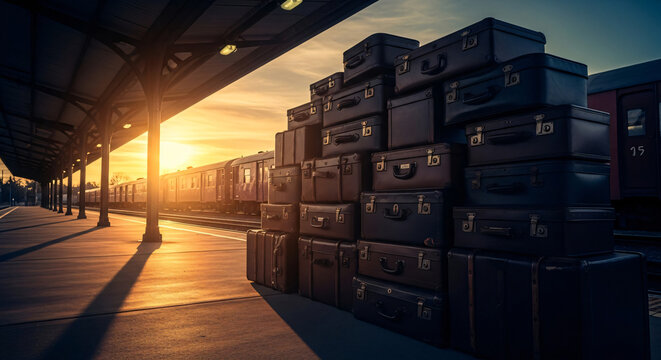 Pile of Vintage Suitcases at Train Station at Sunset
