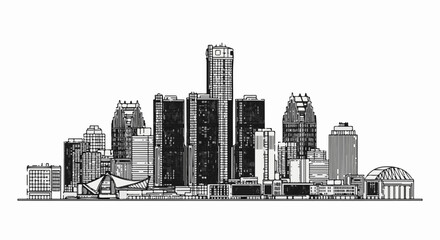 Fototapeta premium A black and white sketch of a city skyline featuring tall buildings and a dome structure