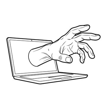 Hand reaching out from a laptop screen symbolizes digital intrusion and the risks of modern cyber security threats.