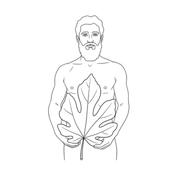 Man with a full beard holds a large fig leaf to cover himself in a stylized artistic black and white line illustration.