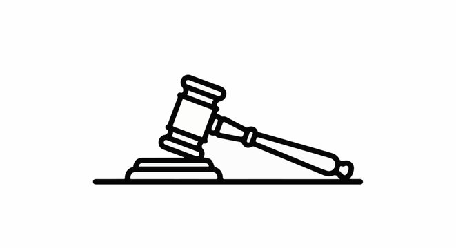 A black outline of a judge's gavel rests on a sound block