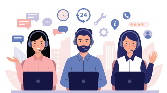 Customer support agents wear headsets at laptops beneath service icons, representing online assistance, communication, help desk, and reliable support.