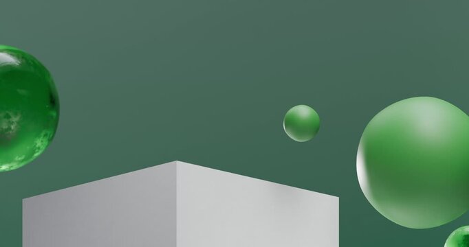 "3d minimalistic modern geometric Podium composition made in light mint and cool gray shades.
Green spheres and drops float dynamically in space, which creates a feeling of weightlessness and freshnes