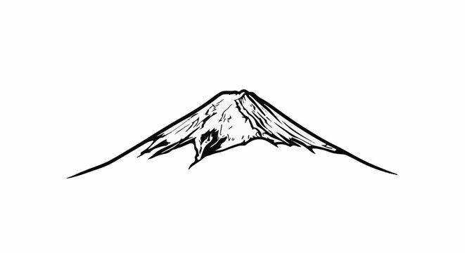 A black and white sketch of a majestic conical mountain peak with textured slopes