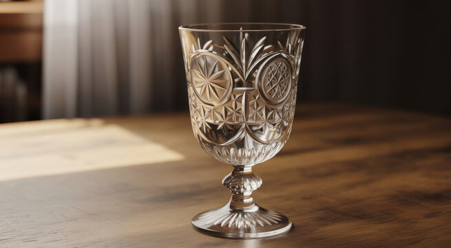 Clear crystal glass with intricate geometric cut patterns standing on a dark wooden table
