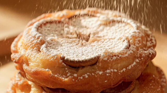 Powdered Sugar Sifted Over Freshly Baked Apple Tart in Slow Motion