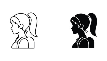 Woman profile portrait with ponytail hairstyle in line art and solid black silhouette icon set © Oliver