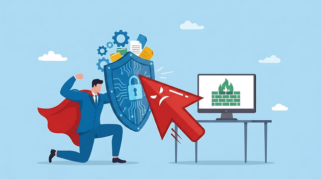 Cyber security defense concept with professional businessman holding metallic shield protecting computer network from digital hacker attack and large mouse pointer symbol of web intrusion.
