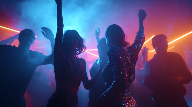 Neon Glow Dance Floor: Energetic Nightclub Party with Silhouette Crowd