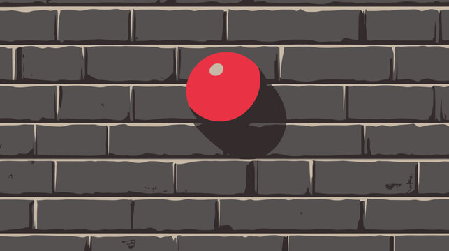 A geometric illustration of a red sphere casting a dark shadow on a textured brick wall background