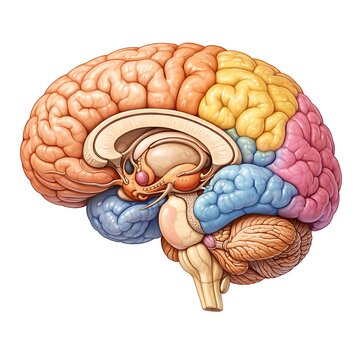 Human Brain Sagittal View Cross Section with Colored Lobes. Detailed Medical Illustration, Anatomy Diagram. Educational Graphic for Biology and Neurology.