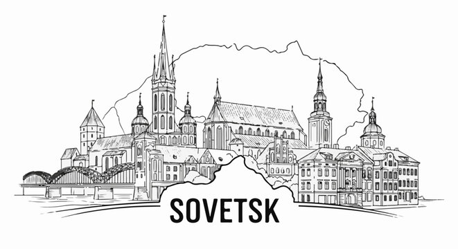 Black and white sketch of Sovetsk city skyline with architectural landmarks