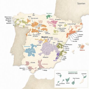 Aquarell-Landkarte der spanischen Weinregionen &ndash; stilisierte Weinkarte von Spanien