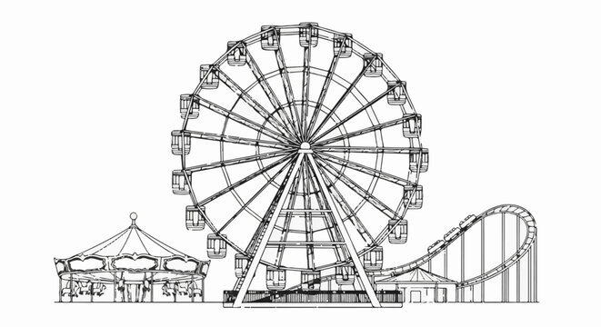 Amusement park scene with a Ferris wheel, carousel, and roller coaster