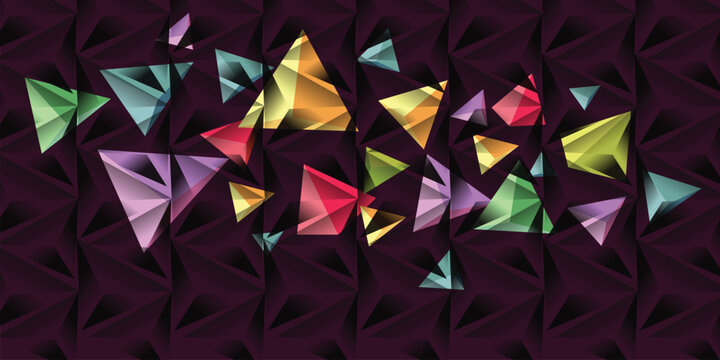 Scattered colorful geometric triangles and polygons with gradient colors on a black background abstract.