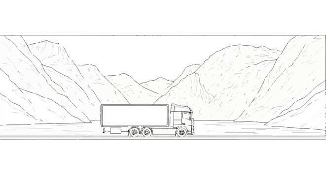 A truck drives through a mountain pass, sketched