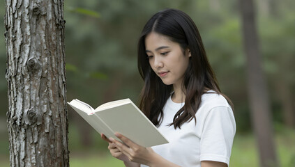 Fototapeta premium Young Woman Reading in Nature: A thoughtful young woman finds a moment of quiet contemplation while engrossed in a book, leaning against a tree amidst the serene greenery of an outdoor setting.