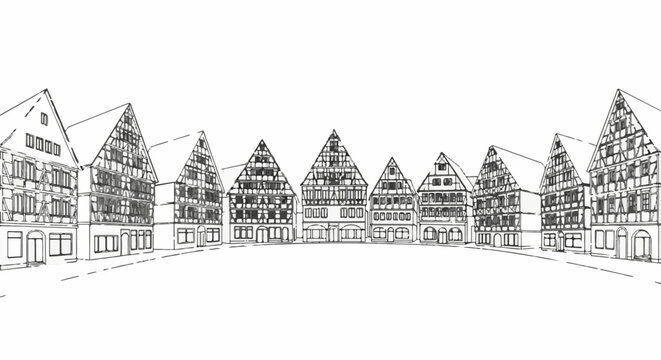 A line of traditional European half-timbered houses with steep roofs