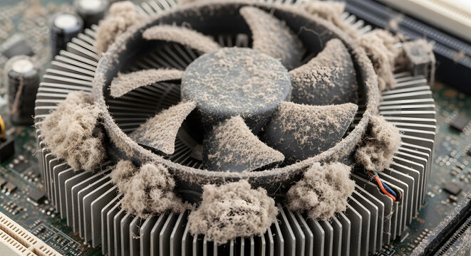 A dusty computer fan on a circuit board, with lots of dust, a close-up shot with fine details, natural lighting.