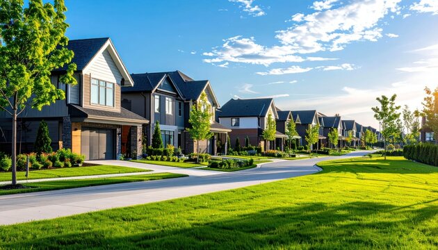 Beautiful Suburban Neighborhood with Modern Houses and Green Lawns.