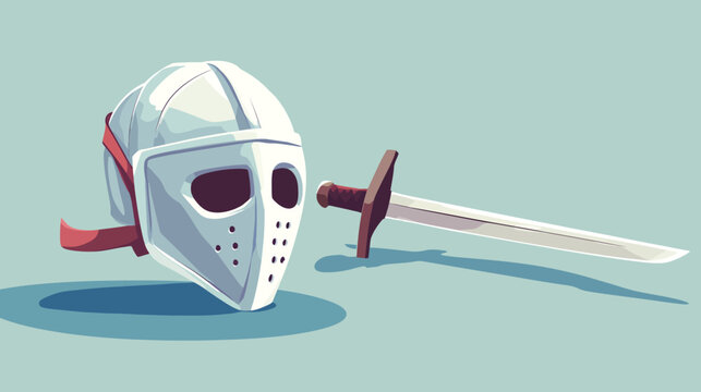 Illustration featuring a hockey-style mask and a sword on a soft teal background
